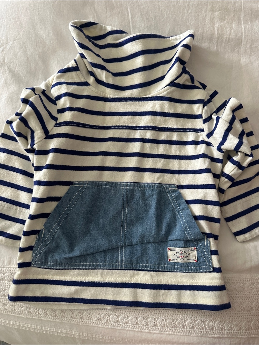 Joules Navy & White Striped Turtleneck Hoodie with Denim Pocket
